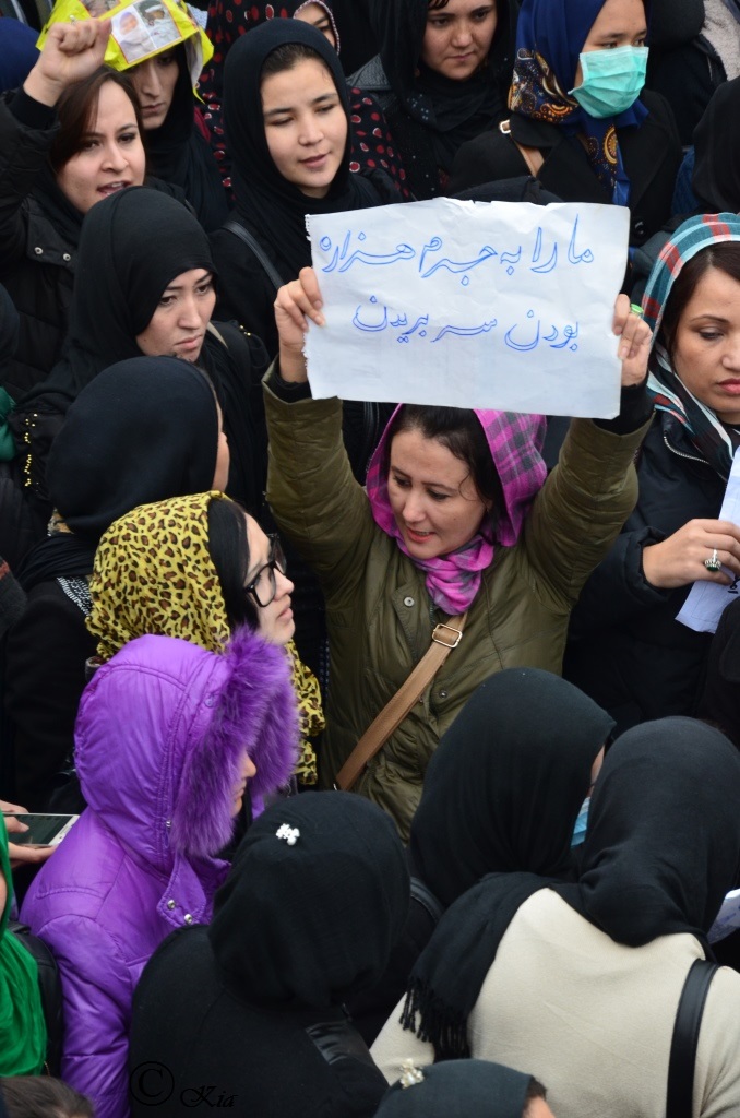 A protest convoy drove the bodies of seven members of Afghanistan's minority Hazara community to the capital Kabul on Tuesday to protest against their murder by unknown militants, who dumped their partially beheaded bodies at the weekend.